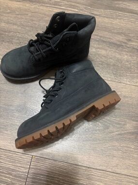 Timberland Kids Black Nubuck Boots with Brown Lug Sole